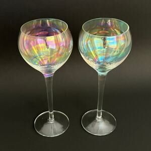 Set of 2 Vintage Hand Blown Iris Lustre Toscany Hock Wine Crystal Wine Glasses